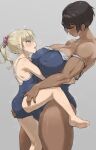  2girls black_hair blonde_hair blue_eyes breasts brown_hair carrying carrying_person competition_school_swimsuit dark-skinned_female dark_skin height_difference highres kei_(m_k) large_breasts lifting_person long_hair m_k multiple_girls original petite ponytail red_eyes rika_(m_k) school_swimsuit short_hair simple_background standing sweat swimsuit tall tall_female tan tomboy wife_and_wife yuri 