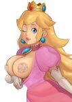  1girl absurdres areola_slip bandaid bandaids_on_nipples blonde_hair blue_eyes breasts breasts_out brooch closed_mouth crown dress earrings elbow_gloves gem gloves highres jewelry lips long_hair looking_at_viewer mario_(series) matheu_gafanhot one_eye_closed pasties pink_dress princess_peach puffy_short_sleeves puffy_sleeves short_sleeves smile solo upper_body 