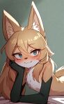  ai_generated anthro averi_(fiddleafox) blush brown_body brown_fur canid canine female female_anthro fox fur gloves_(marking) green_eyes hair hand_on_chin hi_res looking_at_viewer mammal markings smile solo white_body white_fur 