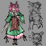  alternate_costume bandages commentary dress english_commentary flower flower_on_head full_body green_dress green_sleeves highres ibaraki_kasen kaibootsu layered_dress looking_at_viewer multicolored_clothes multiple_views pink_dress pink_hair single_hand smile touhou 