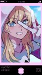  1girl blonde_hair bodysuit gwen_stacy highres hood long_hair marvel selfie smile solo spider-gwen sushi_pizza_rrr teeth v white_bodysuit white_hood 