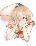  1girl :q bare_legs black_shorts blonde_hair blush bright_pupils dolphin_shorts downblouse hair_over_one_eye hand_on_own_cheek hand_on_own_face head_rest idolmaster idolmaster_cinderella_girls katakata115489 looking_at_viewer lying on_side one_eye_covered red_eyes shirasaka_koume shirt shorts side_slit simple_background sleeveless sleeveless_shirt solo strap_slip tongue tongue_out v 