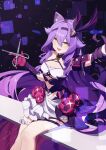  1girl :d absurdres animal_ear_fluff animal_ears breasts cleavage fang gloves hairband highres holding holding_scissors honkai_(series) honkai_impact_3rd purple_gloves purple_hair scissors shenhai_xianyu_fan sirin sirin_(miracle_magical_girl) sitting smile solo yellow_eyes 