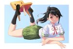  1girl absurdres asymmetrical_hair black_hair black_socks blue_background blush border breasts brown_eyes cang_se_ye_hua closed_mouth collared_shirt eyelashes feet feet_up foot_hold full_body green_skirt hair_ornament hairclip highres iwato_suzume legs looking_at_viewer lying miniskirt neck_ribbon no_shoes on_stomach pleated_skirt ponytail red_ribbon ribbon school_uniform shadow shirt short_sleeves single_sidelock skindentation skirt smell smile socks soles steaming_body suzume_no_tojimari swept_bangs the_pose thighs toes white_border white_shirt x_hair_ornament 