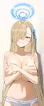  1girl absurdres asuna_(blue_archive) asymmetrical_bangs blonde_hair blue_archive blush breasts cleavage collarbone commentary_request covering covering_breasts english_text engrish_text fingernails grey_panties hair_over_one_eye halo highres large_breasts long_bangs long_hair looking_at_viewer mole mole_on_breast nail_polish navel one_eye_covered panties ranguage revision simple_background smile solo stomach straight_hair topless tsuneta328 underwear very_long_hair 