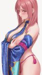  1girl absurdres arms_under_breasts blue_sleeves blush breast_curtains breasts commentary_request dead_or_alive dead_or_alive_5 dead_or_alive_xtreme detached_sleeves embarrassed from_side highres hoki1314 honoka_(doa) large_breasts long_hair looking_at_viewer looking_to_the_side panties parted_lips pink_eyes pink_hair pink_panties revealing_clothes sideboob simple_background solo string_panties underwear wide_sleeves 