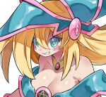  1girl bare_shoulders blonde_hair blue_headwear blush_stickers breasts cleavage collarbone dark_magician_girl duel_monster eyelashes fang gem gold_necklace green_eyes grin hair_between_eyes hyou_(hyouga617) jewelry large_breasts long_hair looking_at_viewer necklace pentagram red_gemstone simple_background smile solo upper_body white_background yu-gi-oh! 
