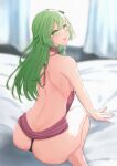  1girl \||/ absurdres alternate_costume arm_support ass backboob backlighting bad_perspective bare_arms bare_legs bare_shoulders blurry blurry_background breasts depth_of_field green_eyes green_hair highres indoors kochiya_sanae long_hair looking_at_viewer looking_back meme_attire on_bed parted_lips sazaki_(sakiyuikun) solo teeth thighs touhou upper_teeth_only very_long_hair virgin_killer_sweater 