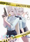 2girls animal_ear_fluff animal_ears black_skirt blonde_hair blue_eyes blue_hair blush cuffs dog_ears dog_girl dog_tail fuwawa_abyssgard gun handcuffs holding holding_gun holding_handcuffs holding_weapon hololive hololive_english long_hair looking_at_viewer medium_hair meldrik mococo_abyssgard mouth_hold multicolored_hair multiple_girls pink_eyes pink_hair police police_uniform siblings sidelocks sisters skirt smile streaked_hair tail twins two_side_up uniform virtual_youtuber weapon 