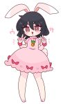  animal_ears barefoot black_hair carrot_necklace dress floppy_ears frilled_sleeves frills highres inaba_tewi jewelry necklace op_na_yarou pink_dress pink_shirt puffy_short_sleeves puffy_sleeves rabbit_ears rabbit_girl rabbit_tail ribbon-trimmed_dress ribbon-trimmed_skirt ribbon_trim shirt short_hair short_sleeves tail touhou v wavy_hair 