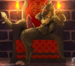  anthro chair draconic_genitalia dragon furniture genitals hi_res inviting inviting_viewer iudicium86 jackie_chan_adventures male muscular nipples penis ridges shendu sitting solo stone_wall throne torch wall_(structure) 