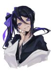  1girl black_hair black_kimono bleach bleach:_the_thousand-year_blood_war blue_bow blue_eyes bow commentary_request eyebrows_hidden_by_hair eyelashes finger_to_cheek floating_hair grin hair_between_eyes hair_bow hand_up haori head_tilt highres japanese_clothes kimono kuchiki_rukia long_hair long_sleeves looking_at_viewer off_shoulder side_ponytail simple_background smile solo ui_1231 upper_body white_background wide_sleeves 