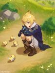  1boy bird blonde_hair blue_eyes blue_jacket chick day english_commentary genshin_impact grass highres hood hoodie jacket kneeling male_focus marimiho mika_(genshin_impact) nature outdoors scenery short_hair solo white_hoodie wide_shot 