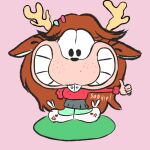  1:1 anthro brown_hair clothing deer female footwear gaturro gaturro_(series) hair hi_res horn looking_at_viewer mammal pink_background renita_reed_(character) sadkiel simple_background smile solo teeth white_clothing white_footwear 