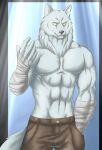  2023 5_fingers abs anthro arm_wraps athletic athletic_anthro athletic_male black_nose bottomwear canid canine canis chibikoma clothed clothing fingers fur grey_body grey_fur hand_in_pocket hand_wraps hi_res kemono_michi:_rise_up male mammal muscular muscular_anthro muscular_male navel pants pecs pockets solo teeth topless topless_anthro topless_male wolf wolfgang_von_kraftman wraps 
