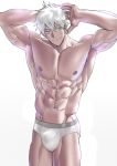  1boy abs absurdres blue_eyes closed_mouth cowboy_shot gojou_satoru highres jujutsu_kaisen light_smile looking_to_the_side male_focus male_underwear messy_hair muscular muscular_male navel nipples pectorals short_hair simple_background solo suyohara thighs underwear underwear_only white_background white_hair white_male_underwear 