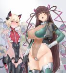  1boy 1girl absurdres alternate_breast_size areola_slip arms_behind_back breasts bulge camera cosplay covered_nipples gloves hand_on_own_hip highres homare_nao large_breasts leotard long_hair looking_at_viewer mizuki_yukikaze open_mouth otoko_no_ko short_hair taimanin_(series) taimanin_rpgx taimanin_suit taimanin_yukikaze tmasyumaro two_side_up very_long_hair vest 