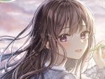  1girl blurry blush bokeh brown_hair bubble bubble_blowing close-up depth_of_field frilled_shirt frills highres holding_straw light_particles light_smile long_hair long_sleeves looking_at_viewer open_mouth original portrait purple_eyes sakura_(39ra) shirt solo 
