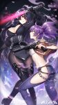  2girls belt black_hair breasts chain chest_sarashi cleavage copyright_name gun hip_vent holding holding_gun holding_sword holding_weapon iron_saga katana long_hair mephis_(iron_saga) multiple_girls oboro_(iron_saga) official_art purple_hair red_eyes revolver sarashi sword weapon 