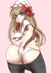  1girl ass black_pants blonde_hair blue_eyes bow breasts capelet clothes_pull from_behind haseru_(ginku_mh) large_breasts lily_white long_hair looking_at_viewer looking_back open_mouth panties pants pants_pull pink_background red_bow simple_background solo touhou underboob underwear white_capelet white_headwear white_panties 