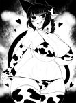  1girl animal_ears animal_print bikini bikini_bottom_pull bikini_pull blunt_bangs braid breasts cat_ears cat_girl cat_tail cleavage clothes_pull commentary cow_ears cow_print cowboy_shot curvy elbow_gloves extra_ears fang gloves greyscale haseru_(ginku_mh) heart huge_breasts kaenbyou_rin looking_at_viewer medium_hair monochrome multiple_tails nekomata open_mouth pointy_ears pulled_by_self side_braid sidelocks skin_fang solo swimsuit symbol-only_commentary tail thighhighs tongue tongue_out touhou two_tails 