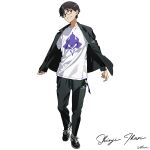  1boy absurdres black_hair fashion glasses highres ikari_shinji jacket neon_genesis_evangelion open_clothes open_jacket pants rebuild_of_evangelion shirt shoes short_hair simple_background sneakers solo watch white_shirt yoneyama_mai 