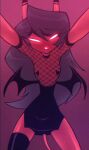  2023 bigdad clothed clothing demon female fishnet fishnet_clothing fishnet_topwear flat_chested glowing glowing_eyes hair helluva_boss horn humanoid imp kiki_(helluva_boss) long_hair not_furry open_mouth pasties red_body seductive simple_background solo topwear 