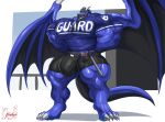  anthro big_muscles biped blue_body bottomwear bulge claws clothed clothing countershade_tail countershading dragon hi_res horn huge_muscles hyper hyper_muscles male masterelrest membrane_(anatomy) membranous_wings muscular muscular_anthro muscular_male shirt shorts tail topwear wings 