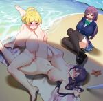  3girls absurdres ayase_eli barefoot beach beach_towel black_footwear black_thighhighs blonde_hair blue_eyes blue_skirt blush bow bowtie breasts brown_eyes completely_nude crying crying_with_eyes_open day feet gag gagged green_bow green_bowtie green_eyes highres huge_breasts improvised_gag large_areolae large_breasts legs loafers long_hair love_live! love_live!_school_idol_project low_twintails miniskirt multiple_girls navel netorare ninai nipples nose_blush nude ocean otonokizaka_school_uniform outdoors pink_scrunchie plaid plaid_skirt pleated_skirt ponytail puffy_nipples purple_hair school_uniform scrunchie shoes skirt sonoda_umi streaming_tears tape tape_gag tears thighhighs toes toujou_nozomi towel tribadism twintails uncensored white_scrunchie yuri 