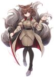  1girl airi_(floofytail) animal_ear_fluff animal_ears belt breasts brown_hair brown_tail coat fox_ears fox_girl fox_tail hair_between_eyes highres holding holding_sword holding_weapon looking_at_viewer medium_breasts multiple_tails original red_eyes shirt short_hair solo sudako_(dai011305) sword tail weapon 