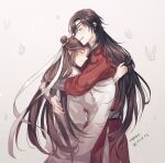  2boys artist_name bandaged_arm bandages black_hair black_nails blush brown_hair bug butterfly chinese_clothes closed_eyes closed_mouth commentary_request eyepatch fang fingernails gradient_background grey_background grin hair_bun hair_ribbon hanfu highres hua_cheng hug long_hair long_sleeves male_focus mandarin_collar multiple_boys nail_polish one_eye_covered parted_bangs ponzu_(tms_t3) red_robe ribbon robe sash sidelocks simple_background single_hair_bun smile teeth tianguan_cifu twitter_username vambraces very_long_hair white_background white_ribbon white_robe white_sash wide_sleeves xie_lian yaoi 