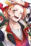  1boy bishounen buttons cater_diamond checkered_clothes checkered_sleeves diamond_facial_mark facial_mark fang flower green_eyes highres holding holding_paintbrush jacket long_sleeves looking_at_viewer male_focus one_eye_closed open_mouth orange_hair paint paintbrush red_vest rose rose_bush shirt short_hair signature solo teeth trim_brush twisted_wonderland upper_body upper_teeth_only vest white_flower white_jacket white_rose white_shirt yume_kawa_yume 