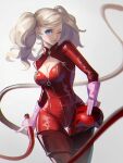  1girl blue_eyes bodysuit breasts cat_mask cleavage earrings full-length_zipper gloves grey_hair hakusyokuto highres holding holding_mask holding_whip jewelry long_hair long_sleeves looking_at_viewer mask medium_breasts one_eye_closed persona persona_5 pink_gloves red_bodysuit smile takamaki_anne twintails whip zipper 