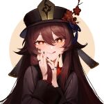  1girl :q abyssyuan black_nails brown_hair genshin_impact hair_between_eyes hands_on_own_face hat highres hu_tao_(genshin_impact) jewelry licking_lips long_hair long_sleeves looking_at_viewer nail_polish porkpie_hat red_hair ring smile solo symbol-shaped_pupils tongue tongue_out twintails upper_body 