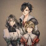  1girl 2boys black_hair blonde_hair blue_eyes clive_rosfield final_fantasy final_fantasy_xvi grey_hair highres jewelry jill_warrick joshua_rosfield male_child multiple_boys pendant rousteinire serious simple_background sketch square_enix teardrop_earring v-neck 