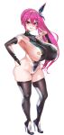  1girl absurdres asanagi black_thighhighs breasts full_body hand_on_own_hip high_heels highres huge_breasts long_hair looking_at_viewer new_(lk) original pink_hair red_eyes second-party_source side_ponytail sideboob simple_background smile solo standing teeth thighhighs 