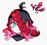  1girl 1other ahoge black_hair blue_eyes braid closed_mouth donuttypd galarian_moltres hair_over_one_eye looking_at_viewer moltres multicolored_hair pale_skin pink_hair pokemon pokemon_(game) pokemon_swsh red_hair white_background 