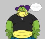  2023 alligator alligatorid anthro belly big_belly bodily_fluids bottomwear brok_(character) brok_the_investigator clothing crocodilian english_text green_body hat headgear headwear hi_res male nervous overweight overweight_male pants reptile scalie shirt simple_background solo sweat syncrotrace text topwear 