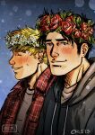  2boys bad_id bad_tumblr_id bara black_hair blonde_hair blush closed_eyes collared_shirt couple cris_art flower flower_wreath hulkling layered_shirt long_sideburns looking_at_another male_focus marvel multiple_boys rose shirt short_hair shy sideburns sideburns_stubble smile thick_eyebrows upper_body wiccan yaoi 