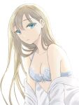  1girl blonde_hair blue_eyes bow bow_bra bra breasts cleavage commentary grey_bra lace-trimmed_bra lace_trim leaning_forward long_hair long_sleeves looking_at_viewer medium_breasts off_shoulder open_clothes open_shirt original osumi_izumi parted_lips shirt simple_background solo underwear white_background white_shirt 