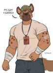  absurd_res anthro arm_wraps bruised bruised_eye clothing english_text hat headgear headwear hi_res hyena lanyard male mammal muscular shirt shugggie shuggie_the_hyena solo spots t-shirt text topwear wraps 