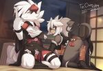  absurd_res anthro black_body black_fur breasts brown_eyes clothed clothing duo female fur generation_2_pokemon generation_7_pokemon hair hi_res houndoom lycanroc nintendo pokemon pokemon_(species) red_body red_eyes red_fur tail white_hair zinfyu 