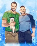  2boys ^_^ animal arm_hair bara beard blue_sleeves brown_pants bulge cat closed_eyes couple cropped_legs daisukebear facial_hair green_shirt grin highres holding holding_animal holding_cat large_pectorals looking_at_viewer male_focus mature_male midriff_peek multiple_boys muscular muscular_male original pants pectorals raglan_sleeves receding_hairline shirt short_hair side-by-side smile t-shirt thick_mustache yaoi 