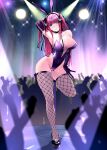  1girl absurdres animal_ears audience black_ribbon blue_eyes blush breasts butterfly_hair_ornament dancing fake_animal_ears fishnet_thighhighs fishnets go-toubun_no_hanayome hair_between_eyes hair_ornament hair_ribbon hand_in_own_hair high_heels highres kosmos_beta large_breasts leotard long_hair nakano_nino nightclub playboy_bunny pole pole_dancing rabbit_ears ribbon solo_focus stage stage_lights strapless strapless_leotard stripper_pole thighhighs 