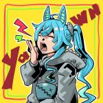  1girl ahoge alternate_costume animal_ears animal_hood black_hoodie blue_hair closed_eyes english_text hand_up highres hood hood_down hoodie horse_ears long_hair long_sleeves open_mouth popopopopo_0101 shark_hood sharp_teeth solo teeth twin_turbo_(umamusume) twintails umamusume upper_body yawning yellow_background 