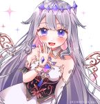  1girl black_corset blush bridal_gauntlets collar colored_inner_hair corset dated detached_collar dress grey_hair hololive hololive_english koseki_bijou long_hair multicolored_hair open_mouth pink_hair purple_eyes shimeism single_bridal_gauntlet smile solo sparkle virtual_youtuber white_bridal_gauntlets white_collar white_dress 