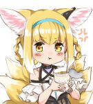  1girl :t anger_vein animal_ears arknights bare_shoulders black_collar blonde_hair blue_hairband blush braid braided_hair_rings chopsticks closed_mouth clothing_cutout collar commentary cup cup_ramen dress earpiece fox_ears fox_girl fox_tail frilled_sleeves frills hair_rings hairband hands_up highres holding holding_cup infection_monitor_(arknights) kitsune kyuubi looking_at_viewer multicolored_hair multiple_tails nasumikan_(nodoame241) short_hair short_sleeves shoulder_cutout simple_background solo suzuran_(arknights) tail twin_braids two-tone_hair upper_body white_background white_hair yellow_eyes 