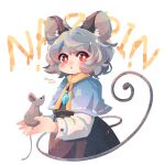  1girl animal animal_ears black_dress blue_capelet blush capelet dress grey_hair highres holding holding_animal jewelry long_sleeves looking_at_viewer mame_komari mouse mouse_ears mouse_tail nazrin open_mouth pendant red_eyes short_hair simple_background solo tail thick_eyebrows touhou twitter_username white_background 