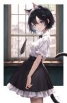  1girl amanun animal_ear_fluff animal_ears black_hair black_skirt blue_eyes breasts cat_ears cat_girl cat_tail extra_ears frilled_skirt frills highres inkwell looking_at_viewer original quill shirt short_hair short_sleeves skirt smile standing tail white_shirt window 