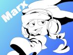  1boy blue_background boots bow bowtie character_name commentary_request gradient_background half-closed_eyes hands_on_headphones hat headphones heart jester_cap kirby_(series) looking_at_viewer marx_(kirby) monochrome open_mouth shirushiki smile wings 